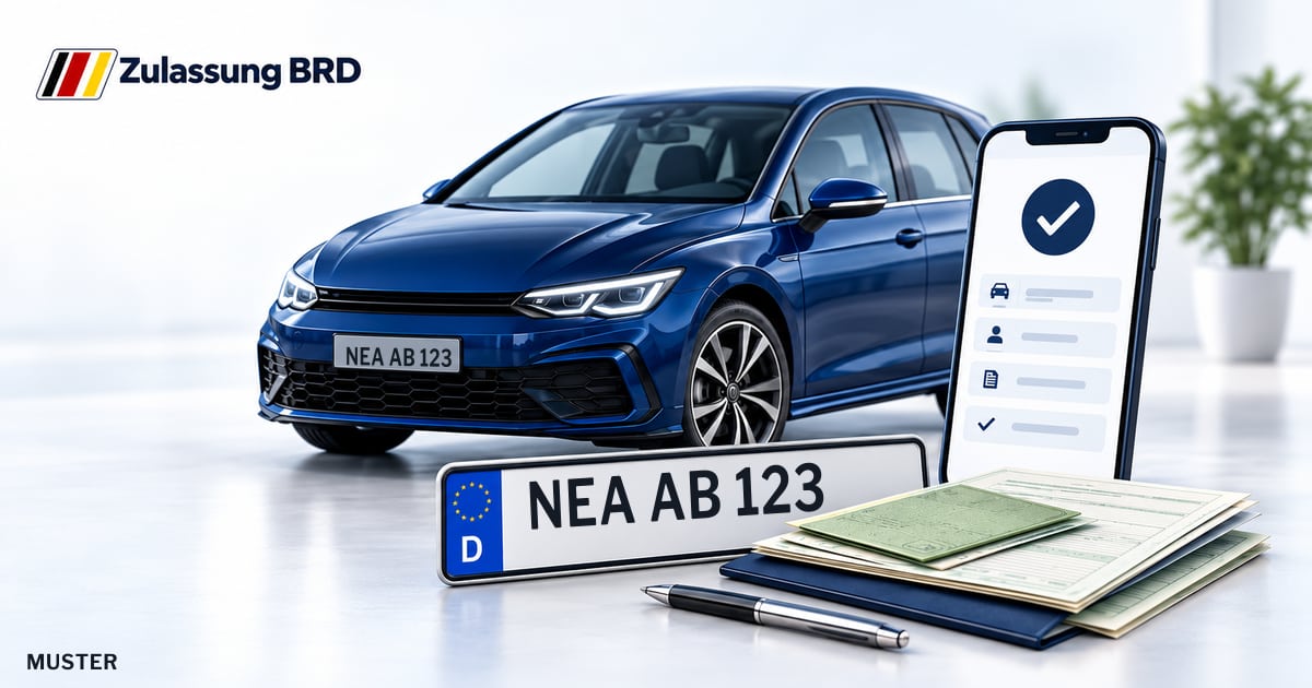 Online Fahrzeugzulassung in Scheinfeld: Musterkennzeichen NEA AB 123, Auto und Fahrzeugpapiere und Smartphone. Illustration mit Logo von Zulassung BRD.